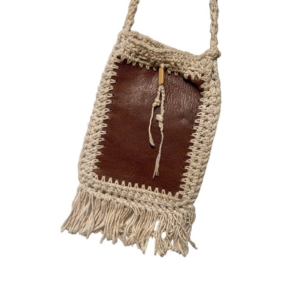 Vintage Artisan Leather Handbag Fringed Crossbody Handmade Crochet Made in Brasi - Picture 1 of 5